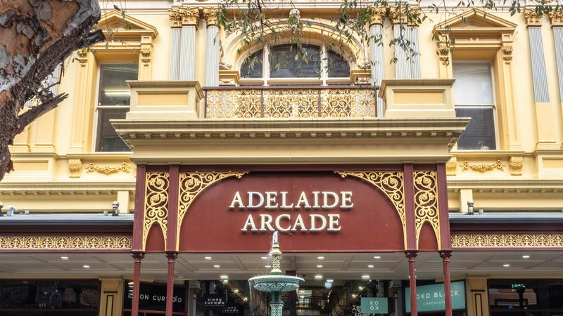 The ornate entrance and fountain of Adelaide Arcade